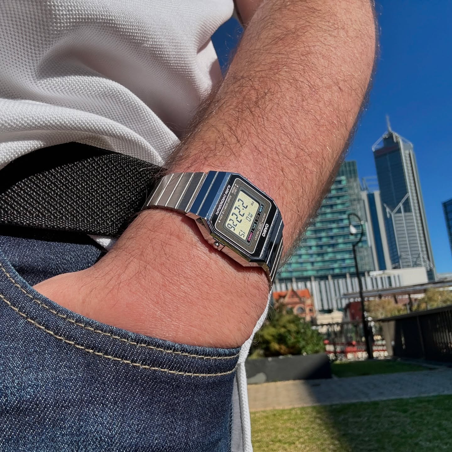 Slim silver Casio A700W worn on wrist outdoors