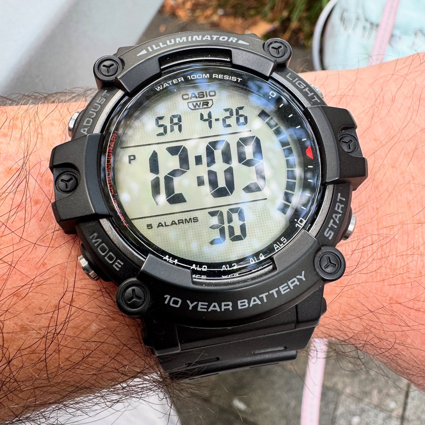 Close on-wrist view of the Casio AE-1500 and its large positive display
