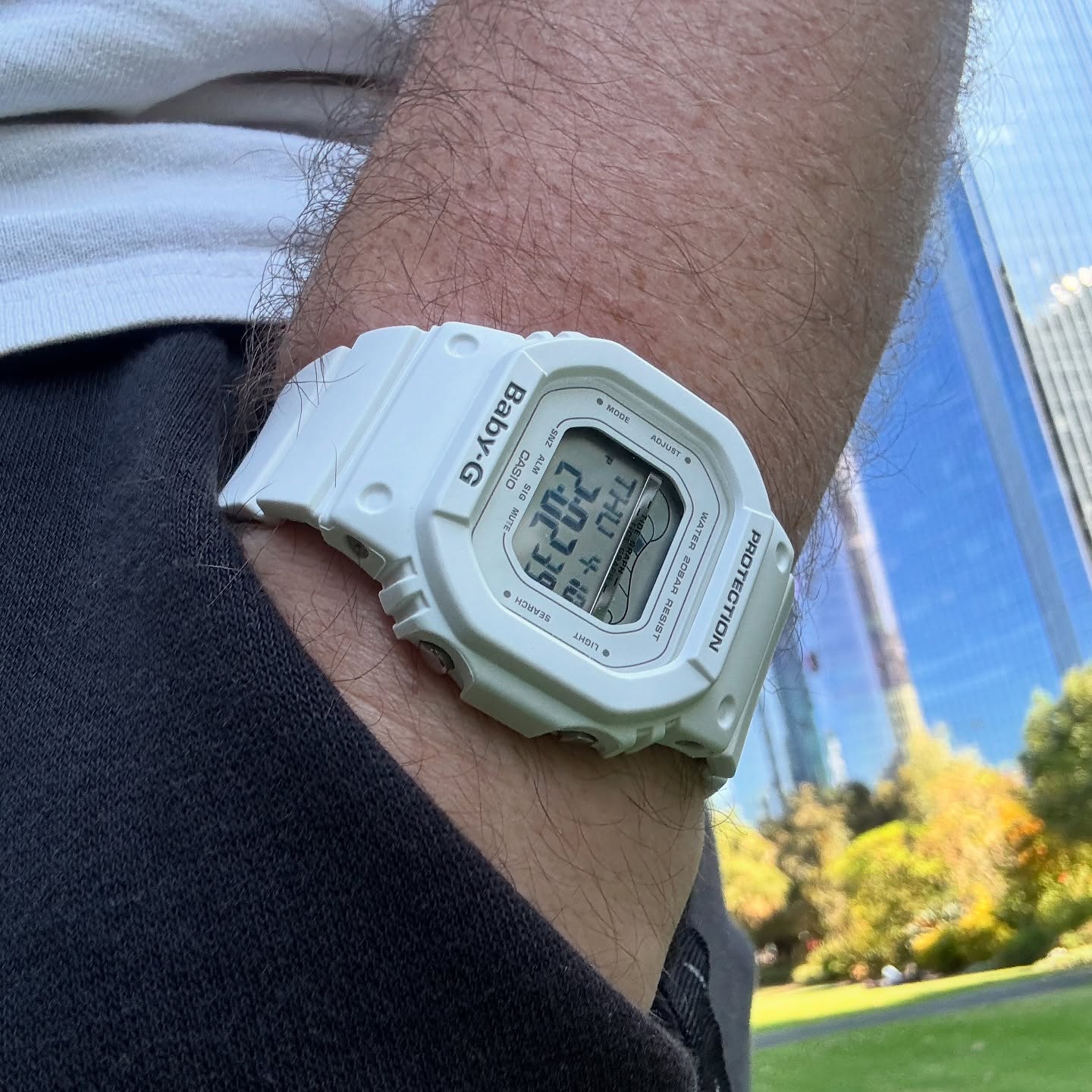 White Baby-G BLX-560 worn outdoors on a larger wrist
