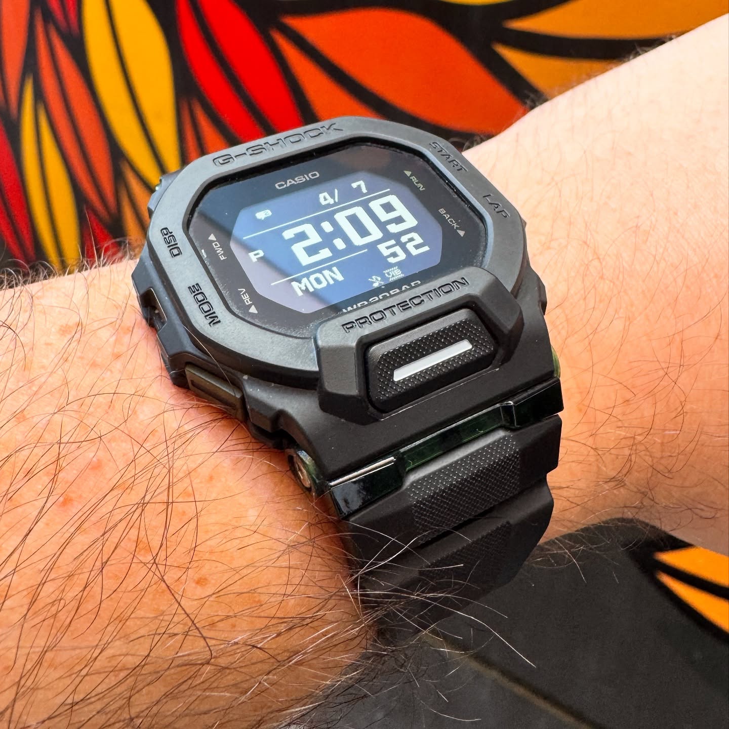 Close on-wrist view of the G-Shock GBD-200 display and case
