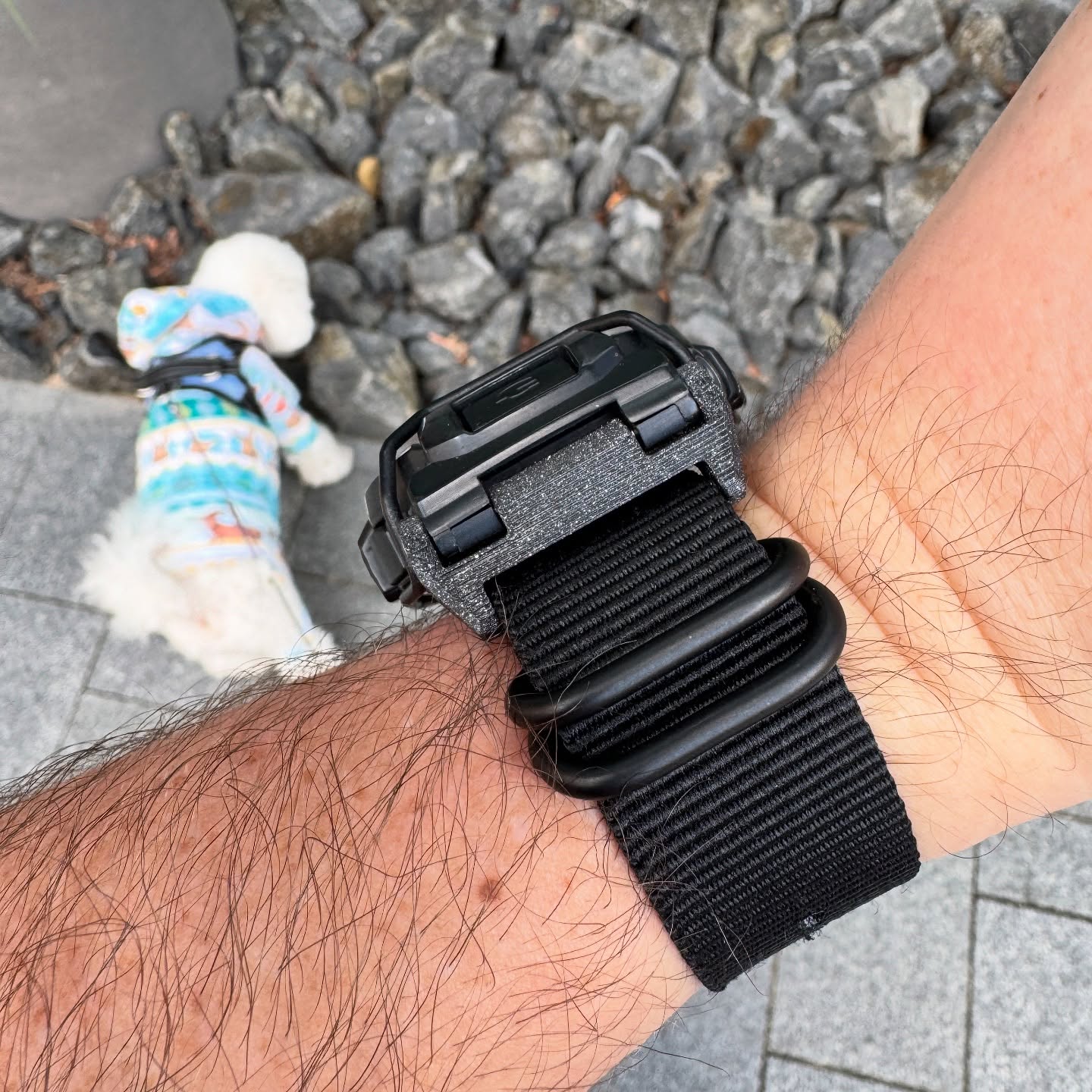 Side and underside view of the black Zulu strap fitted to a G-Shock GD-350