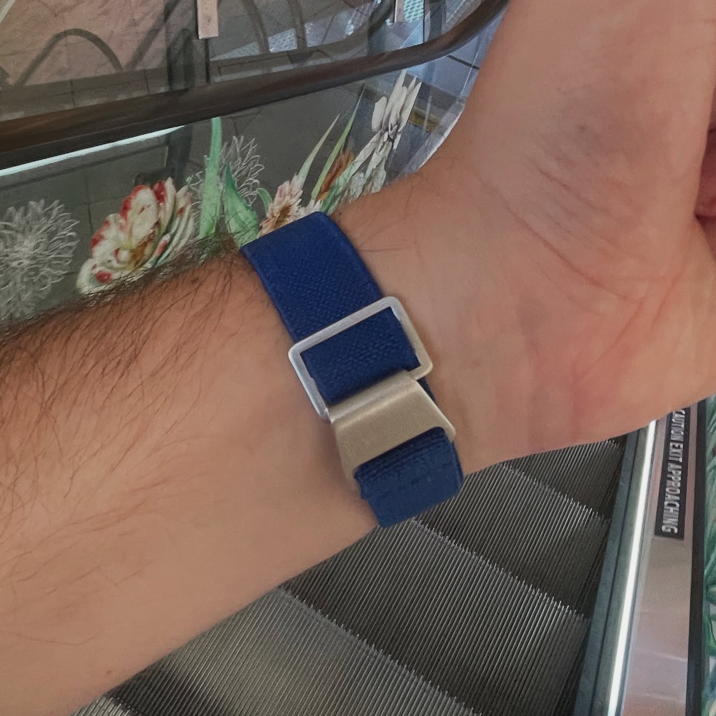 Underside of the blue nylon strap fitted to a SKMEI 1412
