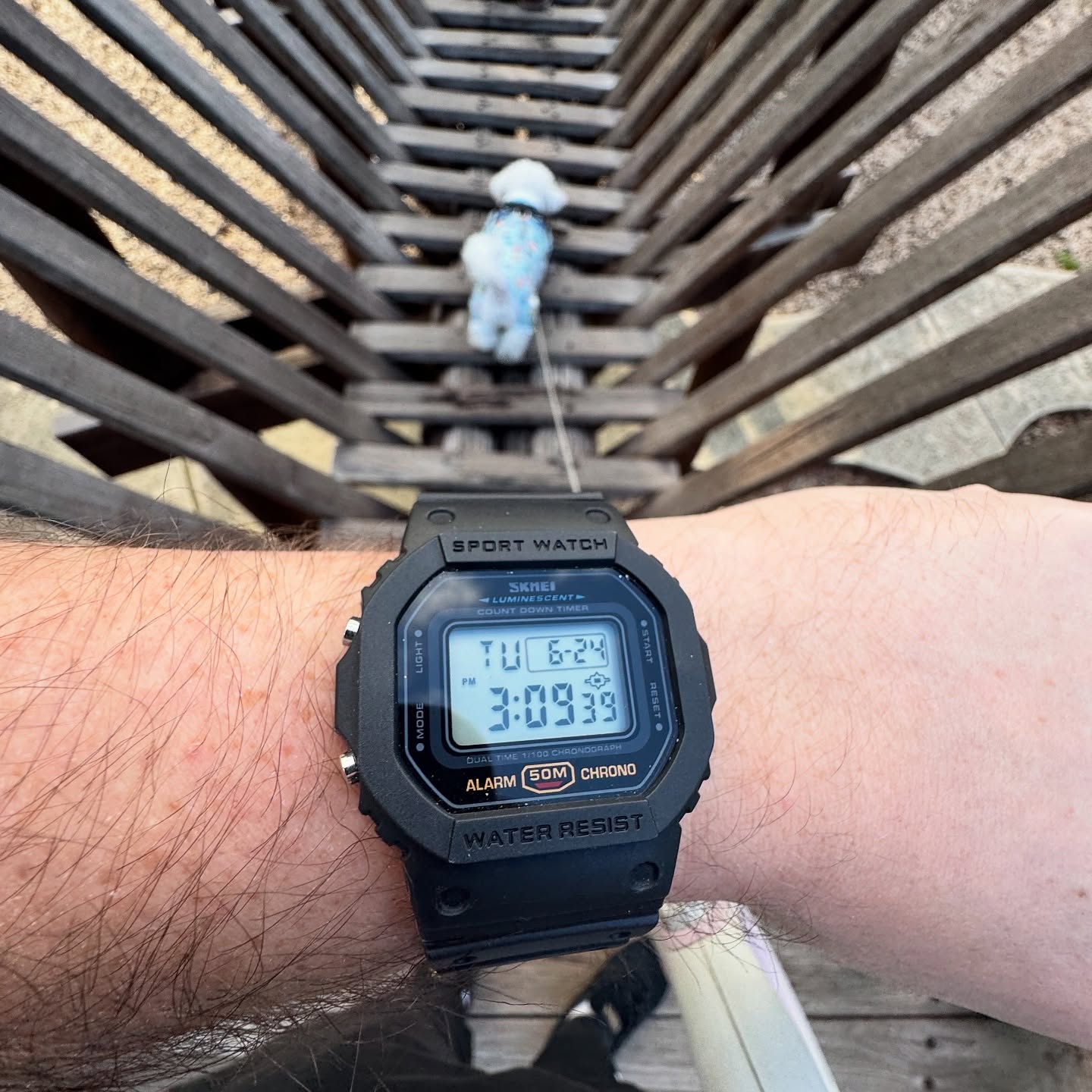 Close on-wrist view of the modified positive-display SKMEI 1628