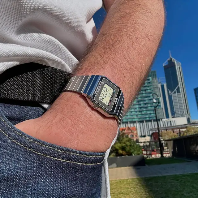 Slim silver Casio A700W worn on wrist outdoors