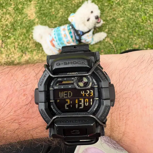Close on-wrist view of a G-Shock GD-350 fitted with bullbars and a black Zulu strap