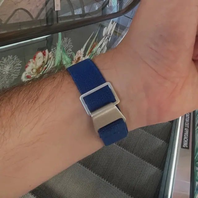 Underside of the blue nylon strap fitted to a SKMEI 1412